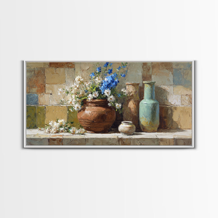 Antique Copper Pot and Flowers Still Life Canvas Print, French Country Art, Oil Painting, Farmhouse Decor, Watercolor Art, FCA-2x1-68