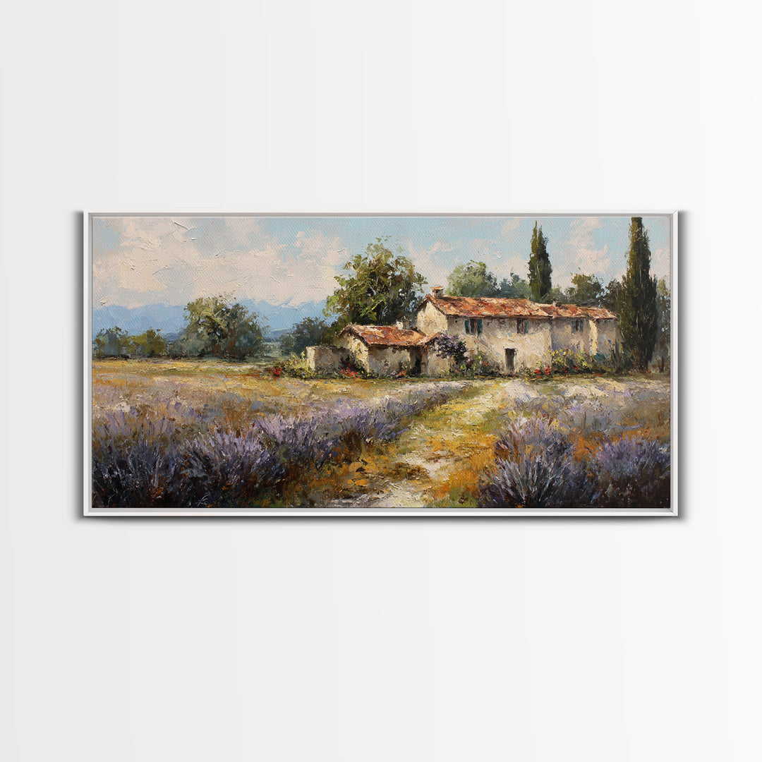 Lavender Field with Distant Stone Farmhouse Canvas Print, French Country Art, Minimalist Decor, Farmhouse Decor, Country, FCA-2x1-69