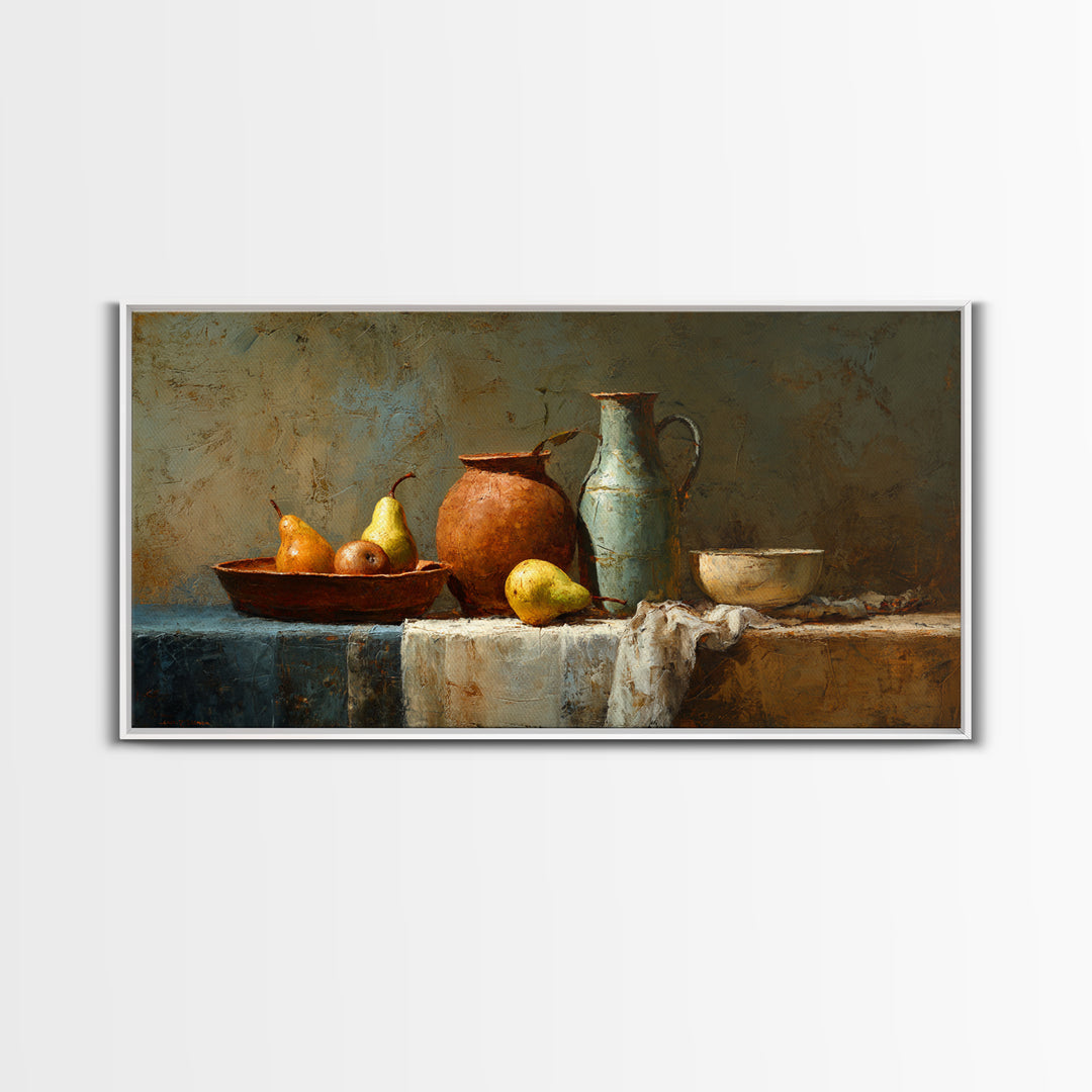 Pear Still Life on Linen Tablecloth Framed Canvas Print, French Country Art, Digital Wall Art, Farmhouse Decor, Abstract Art, FCA-2x1-72