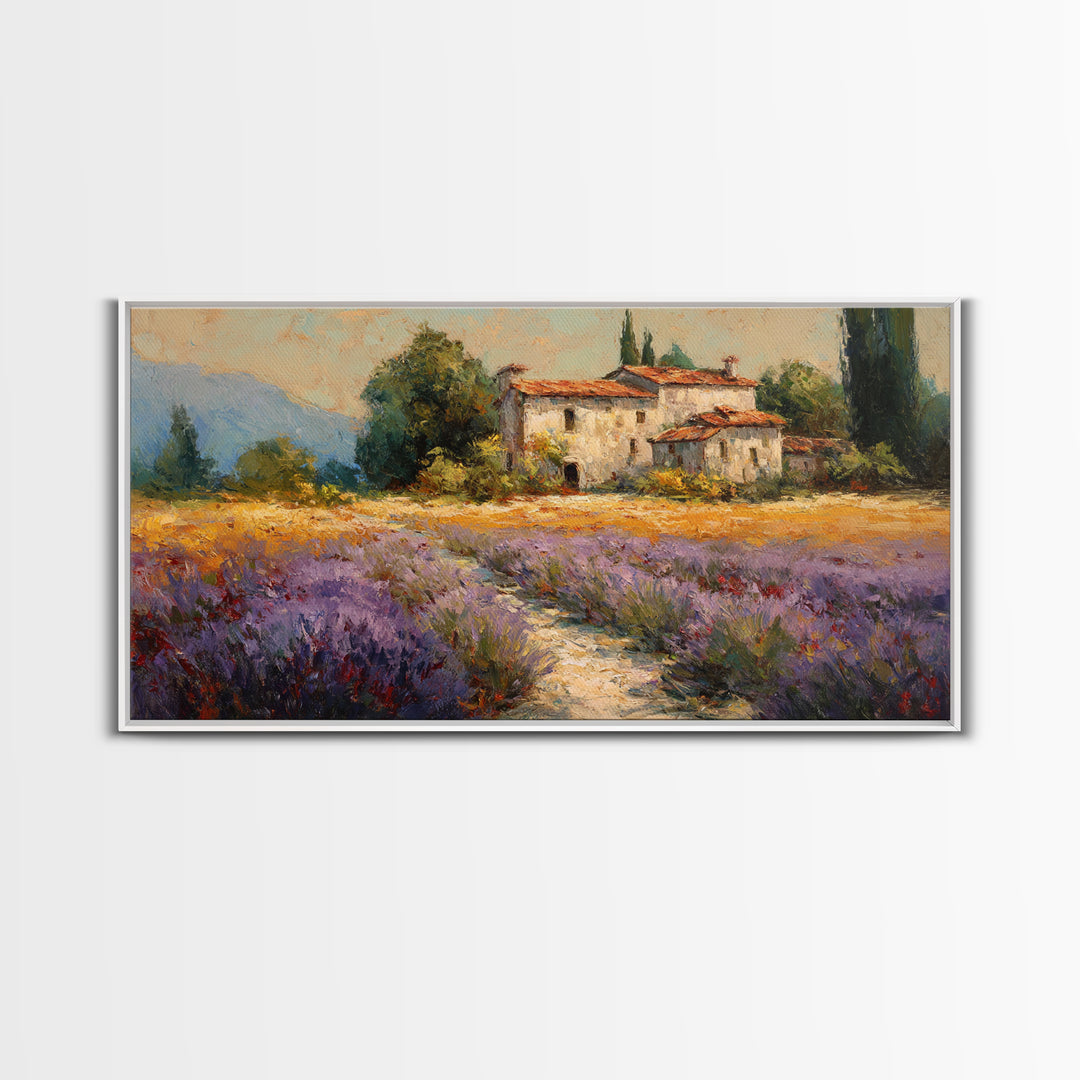 Lavender Field with Distant Stone Farmhouse Canvas Print, French Country Art, Minimalist Decor, Farmhouse Decor, Country, FCA-2x1-93