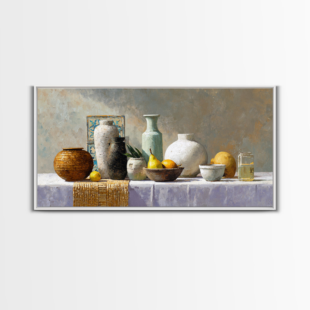 Pear Still Life on Linen Tablecloth Framed Canvas Print, French Country Art, Digital Art Prints, Farmhouse Decor, Country, FCA-2x1-96