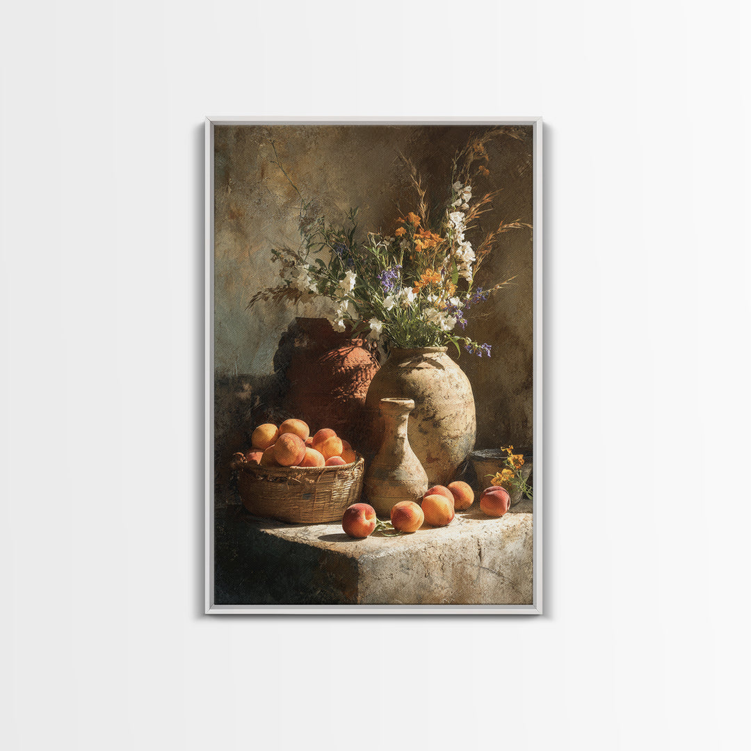 Basket of Fresh Peaches and Wildflowers Canvas Print, French Country Art, Floral Wall Art, Farmhouse Decor, Country, FCA-2x3-100
