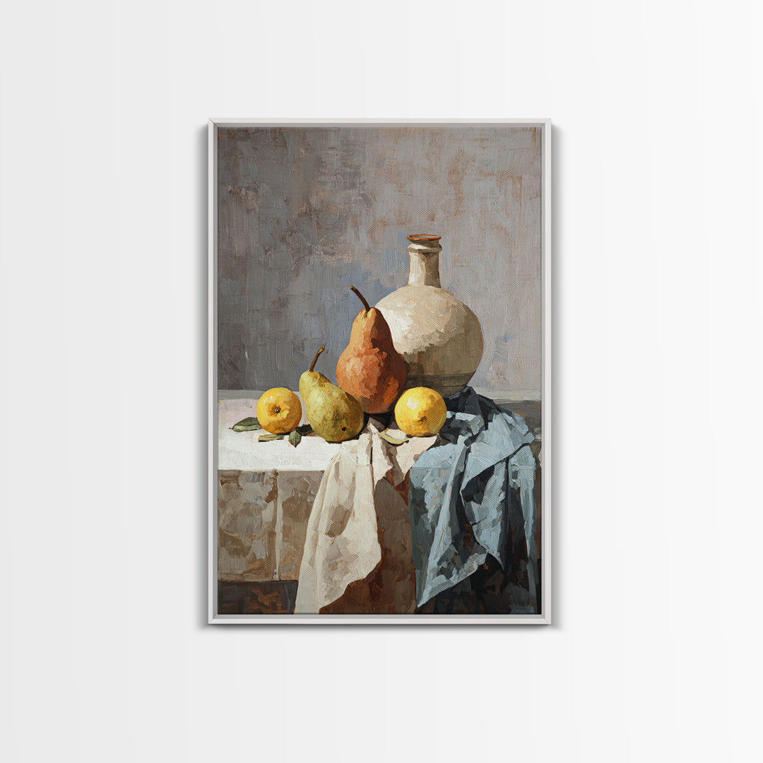 Pear Still Life on Linen Tablecloth Framed Canvas Print, French Country Art, Downloadable Art, Farmhouse Decor, Country, FCA-2x3-12