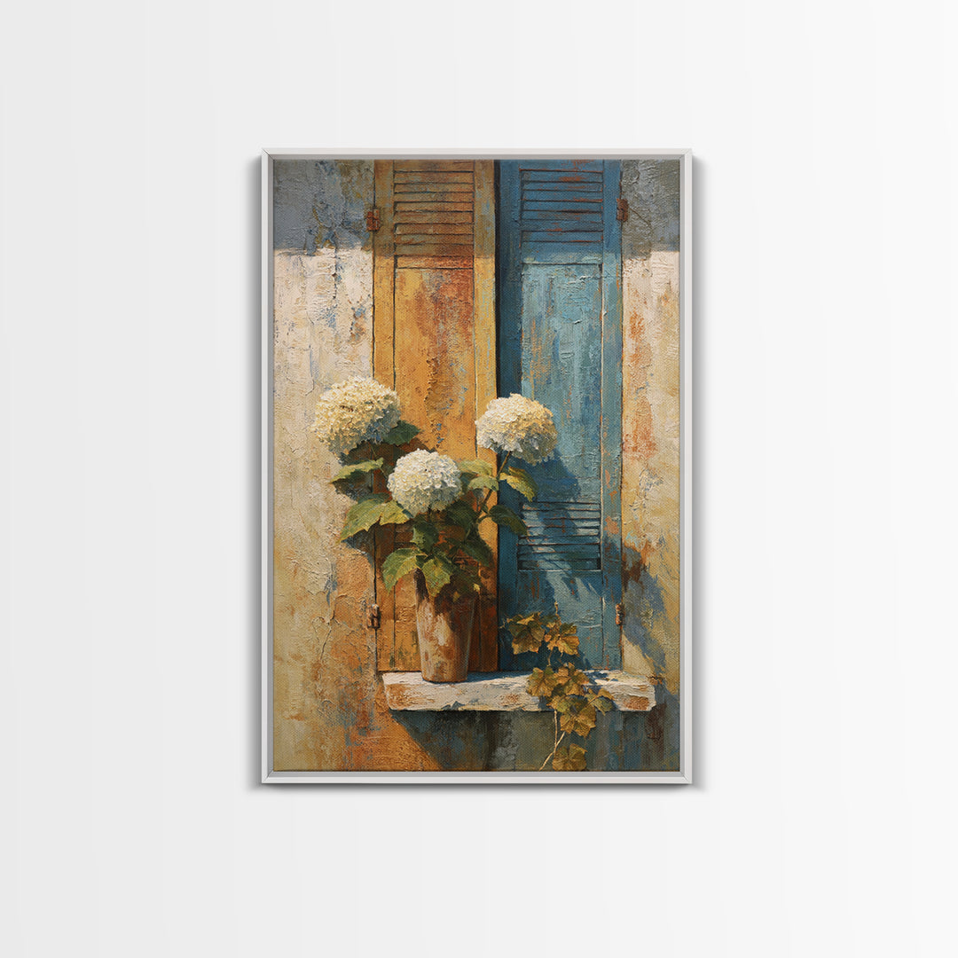 Soft Hydrangeas Beside Antique Shutters Canvas Print, French Country Art, Original Painting, Farmhouse Decor, Fine Art, Country, FCA-2x3-16