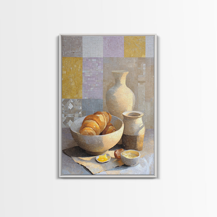 Caf Au Lait Bowl Framed Canvas Print, French Country Art, Above Bed Art, Farmhouse Decor, Watercolor Art, Country, FCA-2x3-18