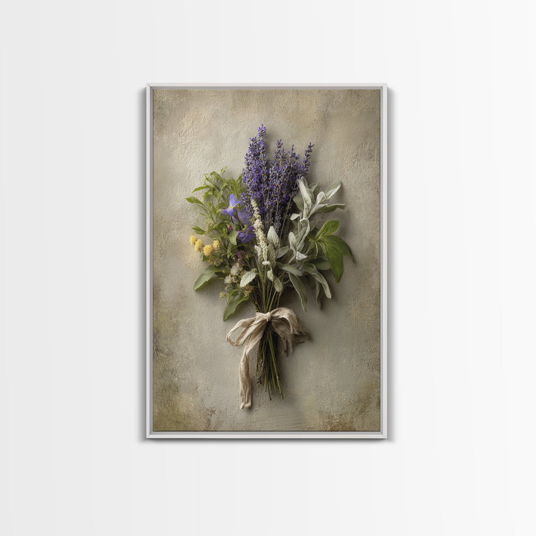 Farmhouse Kitchen Herbs Tied Framed Canvas Print, French Country Art, Above Bed Art, Farmhouse Decor, Oil Painting, Country, FCA-2x3-21