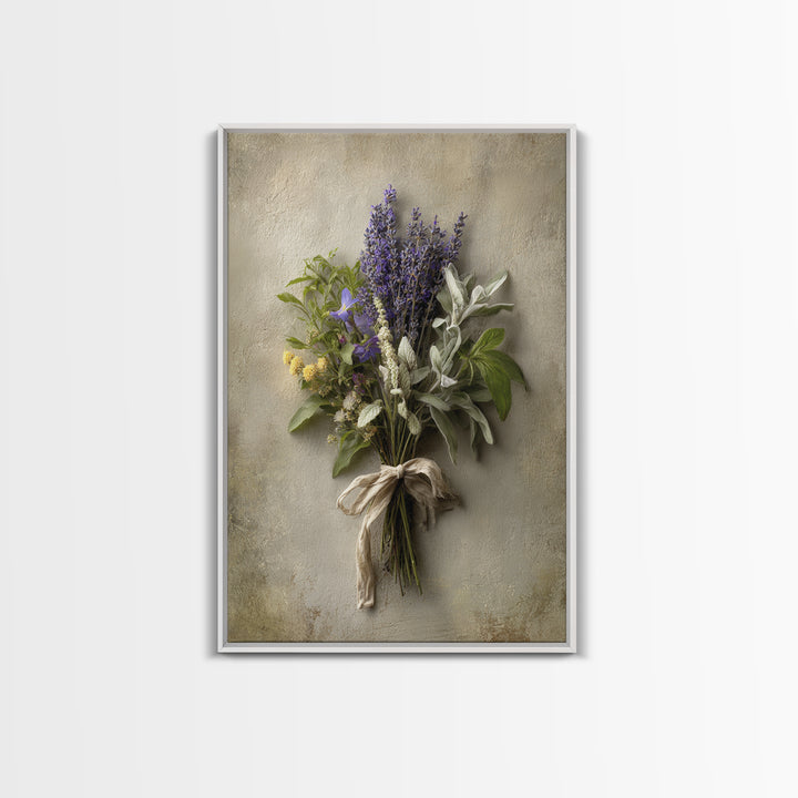 Farmhouse Kitchen Herbs Tied Framed Canvas Print, French Country Art, Above Bed Art, Farmhouse Decor, Oil Painting, Country, FCA-2x3-21