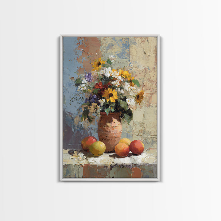 Basket of Fresh Peaches and Wildflowers Canvas Print, French Country Art, Textured Painting, Farmhouse Decor, Country, FCA-2x3-28
