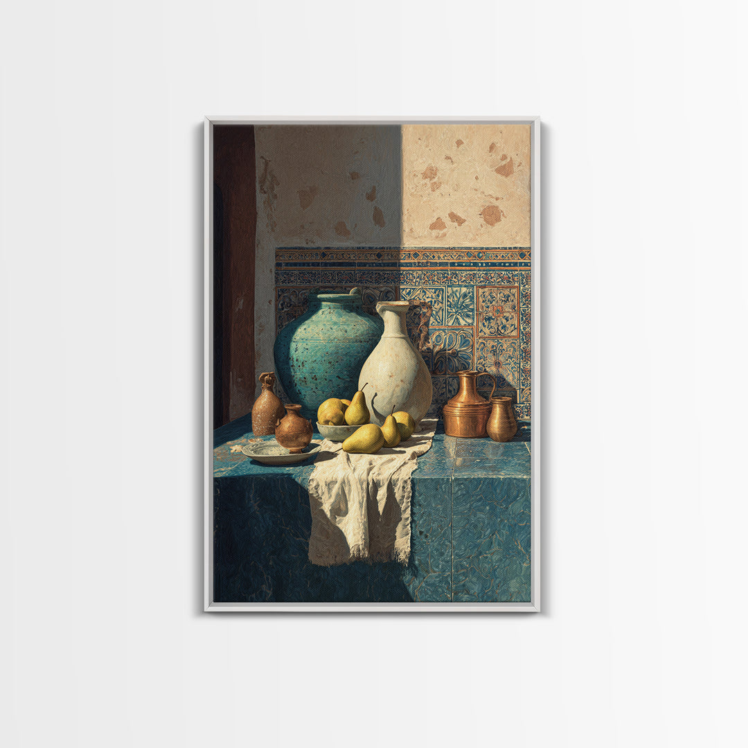Pear Still Life on Linen Tablecloth Framed Canvas Print, French Country Art, Farmhouse Decor, Abstract Art, Country, FCA-2x3-36