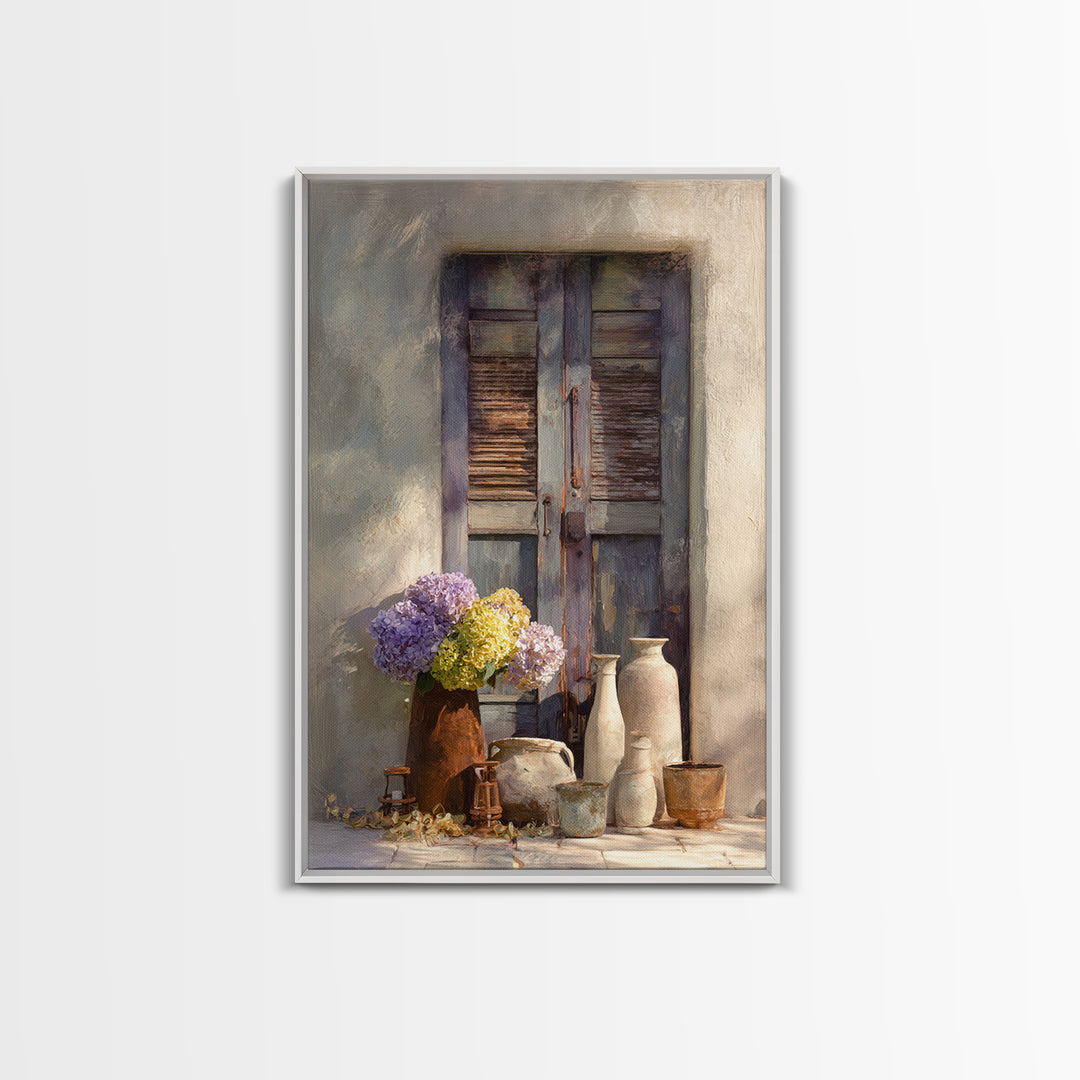 Soft Hydrangeas Beside Antique Shutters Canvas Print, French Country Art, Botanical Prints, Farmhouse Decor, Fine Art, Country, FCA-2x3-40