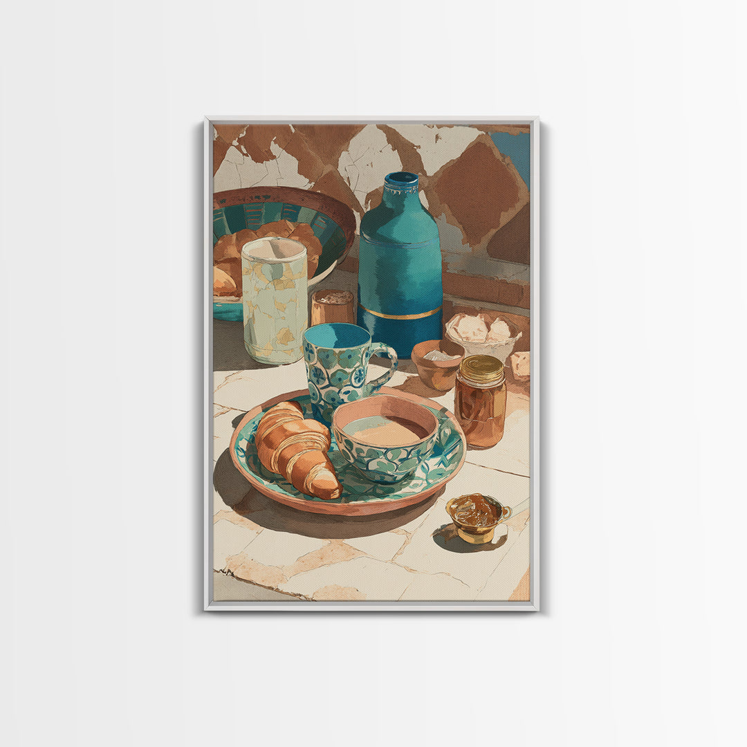 Caf Au Lait Bowl Framed Canvas Print, French Country Art, Above Bed Art, Farmhouse Decor, Watercolor Art, Country, FCA-2x3-42