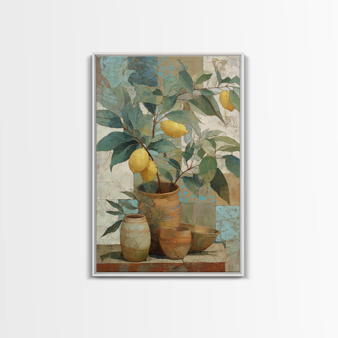 Aged Botanical Plate of Lemons and Leaves Framed Canvas Print, French Country Art, Farmhouse Decor, Watercolor Art, Country, FCA-2x3-44