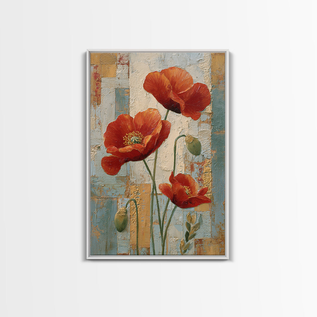 Poppies Beside a Stone Garden Wall Framed Canvas Print, French Country Art, French Country Decor, Farmhouse Decor, Country, FCA-2x3-47