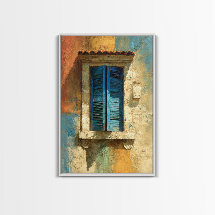 Weathered Window with Blue Shutters Framed Canvas Print, French Country Art, Boho Decor, Farmhouse Decor, Oil Painting, Country, FCA-2x3-53