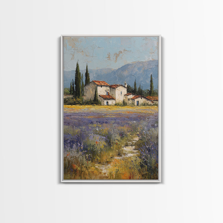Lavender Field with Distant Stone Farmhouse Canvas Print, French Country Art, Minimalist Decor, Farmhouse Decor, Oil Painting, FCA-2x3-57