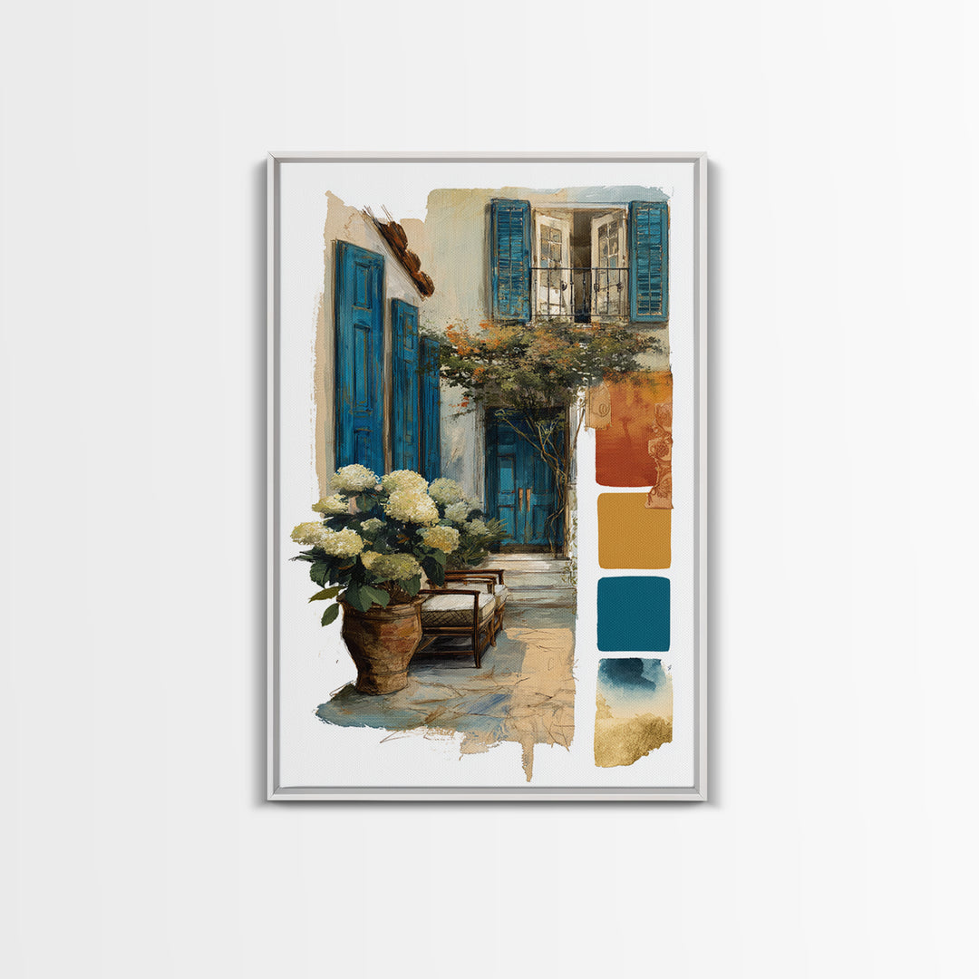 Soft Hydrangeas Beside Antique Shutters Framed Canvas Print, French Country Art, Eclectic Wall Art, Farmhouse Decor, Country, FCA-2x3-64