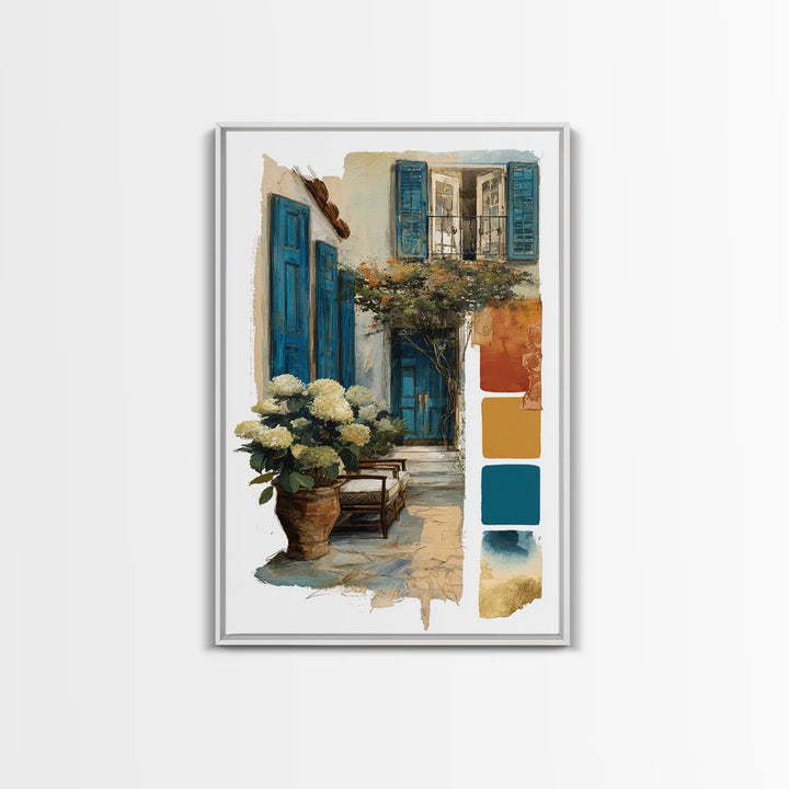 Soft Hydrangeas Beside Antique Shutters Framed Canvas Print, French Country Art, Eclectic Wall Art, Farmhouse Decor, Country, FCA-2x3-64