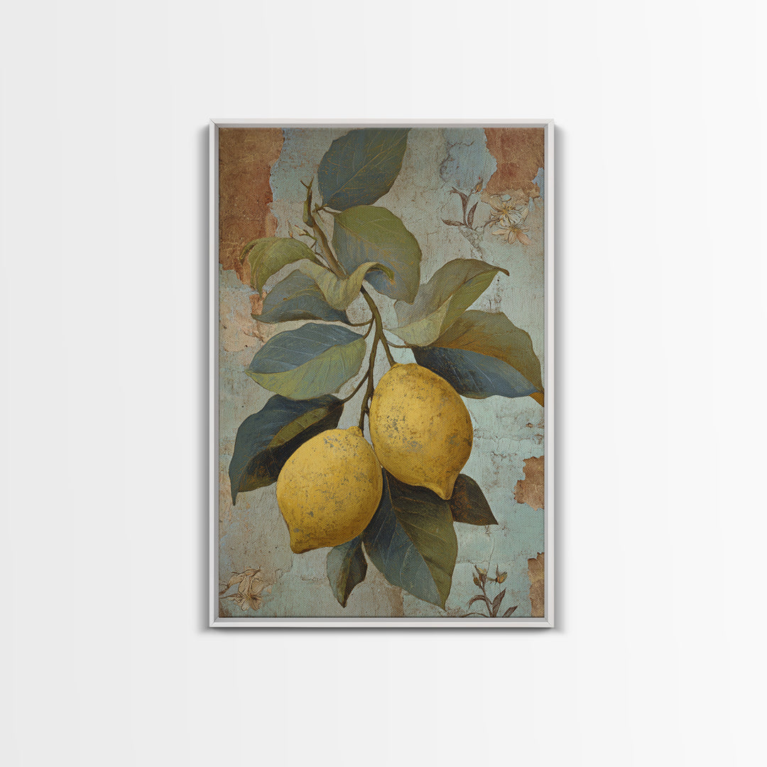 Aged Botanical Plate of Lemons and Leaves Framed Canvas Print, French Country Art, Modern Decor, Farmhouse Decor, Oil Painting, FCA-2x3-68