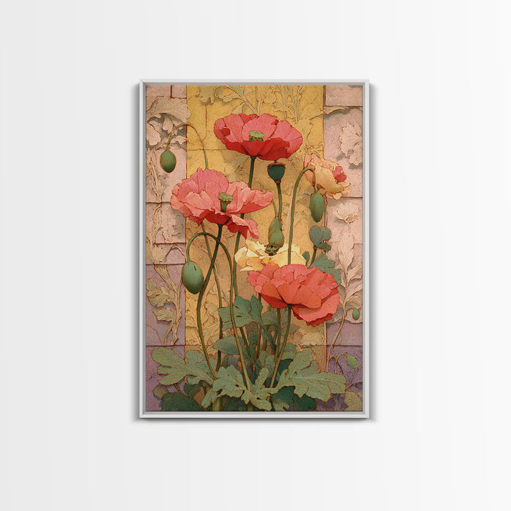 Poppies Beside a Stone Garden Wall Canvas Print, French Country Art, Digital Download Art, Farmhouse Decor, Oil Painting, FCA-2x3-71