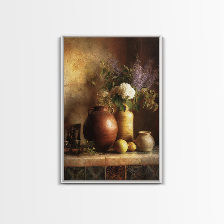 Antique Copper Pot and Flowers Still Life Framed Canvas Print, French Country Art, Digital Art, Farmhouse Decor, Watercolor Art, FCA-2x3-8