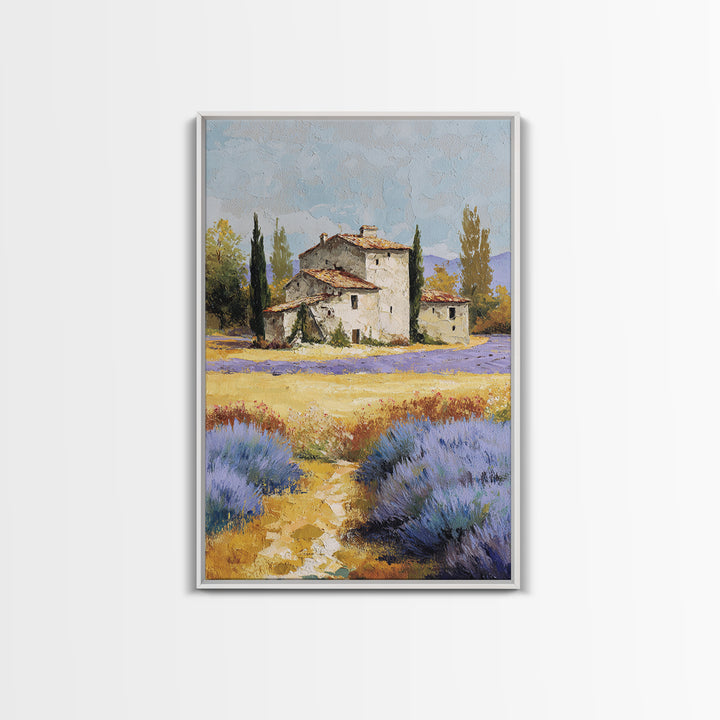 Lavender Field with Distant Stone Farmhouse Canvas Print, French Country Art, Minimalist Decor, Farmhouse Decor, Oil Painting, FCA-2x3-81