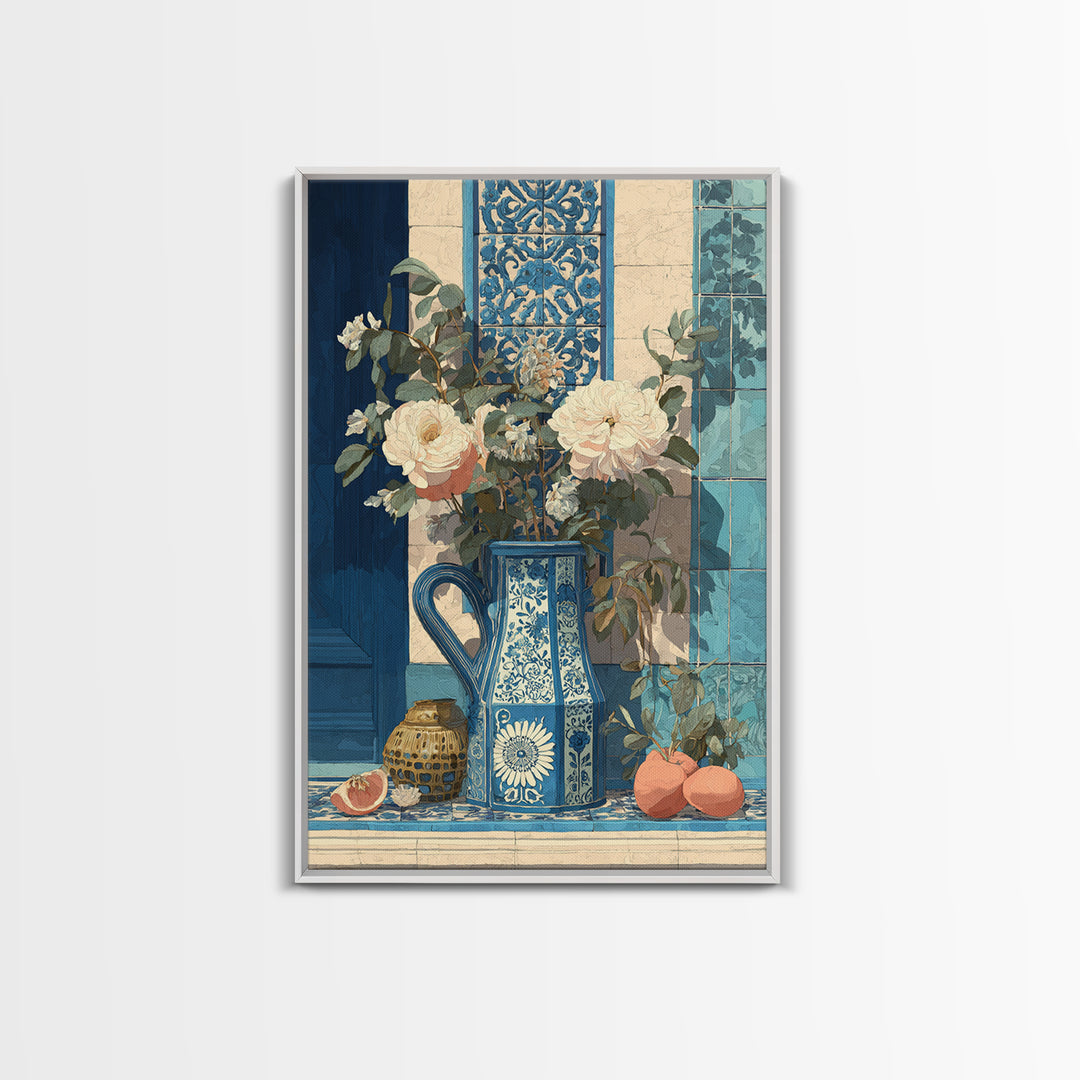 Blue and White Ceramic Pitcher Framed Canvas Print, French Country Art, Boho Decor, Farmhouse Decor, Fine Art, Country, FCA-2x3-83