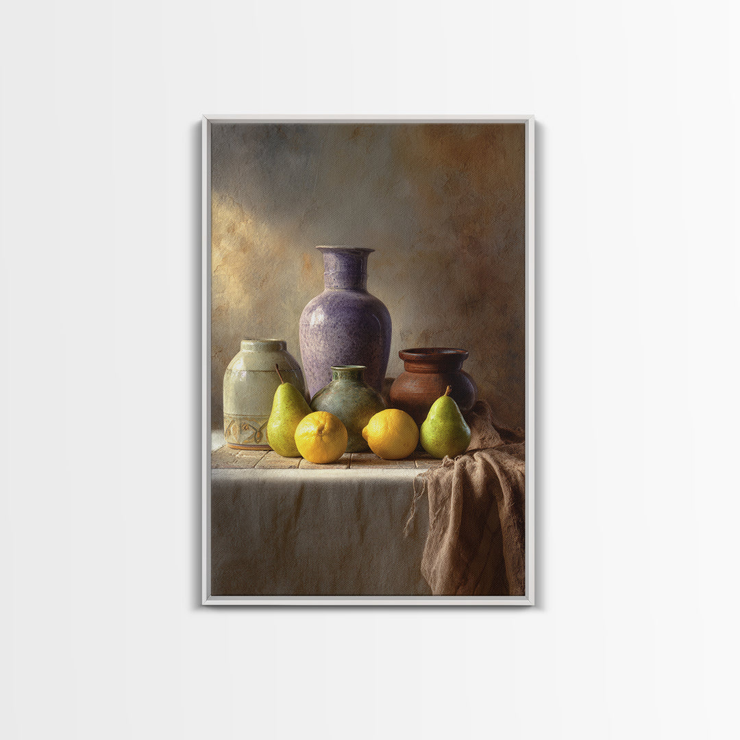Pear Still Life on Linen Tablecloth Framed Canvas Print, French Country Art, Farmhouse Decor, Abstract Art, Country, FCA-2x3-84