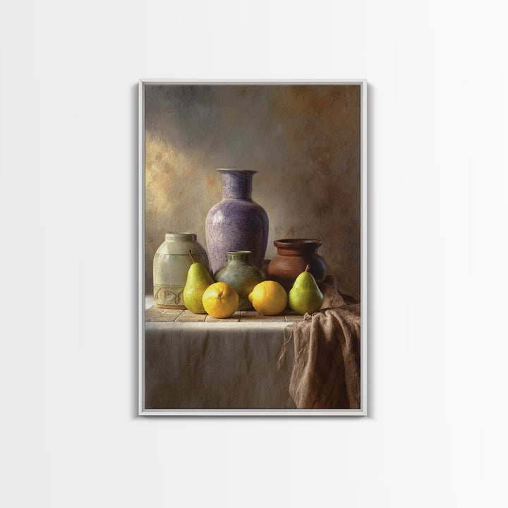 Pear Still Life on Linen Tablecloth Framed Canvas Print, French Country Art, Farmhouse Decor, Abstract Art, Country, FCA-2x3-84