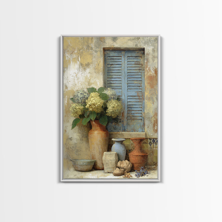 Soft Hydrangeas Beside Antique Shutters Framed Canvas Print, French Country Art, Neutral Decor, Farmhouse Decor, Country, FCA-2x3-88