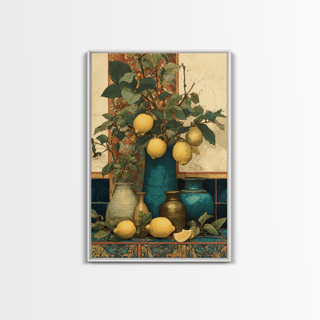 Aged Botanical Plate of Lemons and Leaves Framed Canvas Print, French Country Art, Farmhouse Decor, Fine Art, Country, FCA-2x3-92