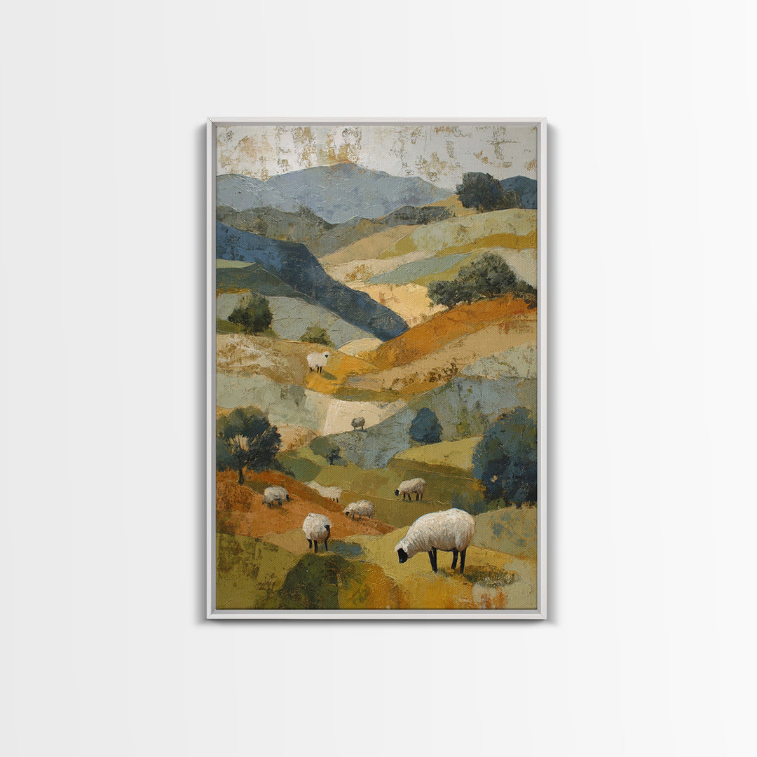 Pastoral Sheep in Rolling Countryside Framed Canvas Print, French Country Art, Textured Painting, Farmhouse Decor, Country, FCA-2x3-94