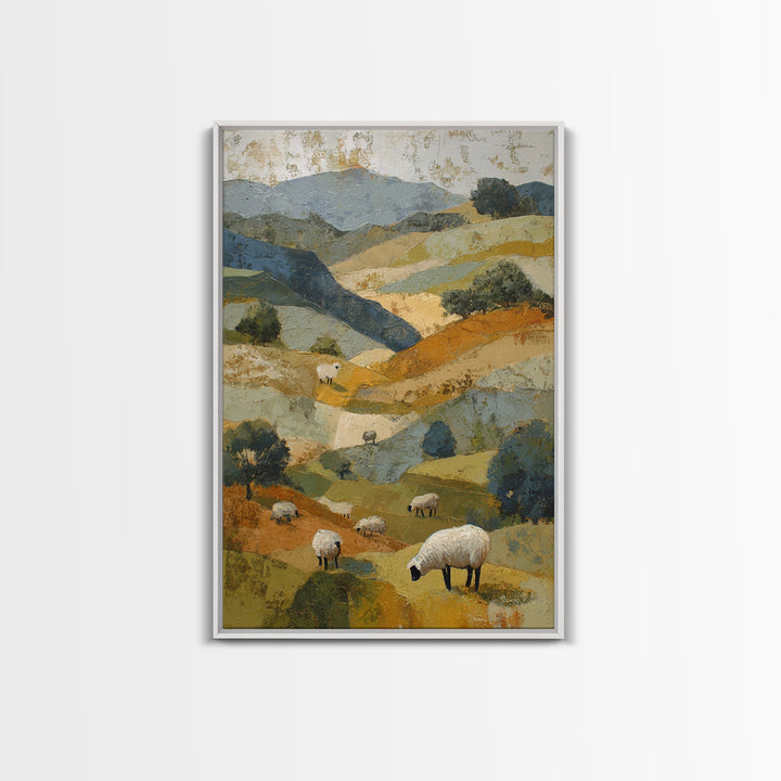 Pastoral Sheep in Rolling Countryside Framed Canvas Print, French Country Art, Textured Painting, Farmhouse Decor, Country, FCA-2x3-94