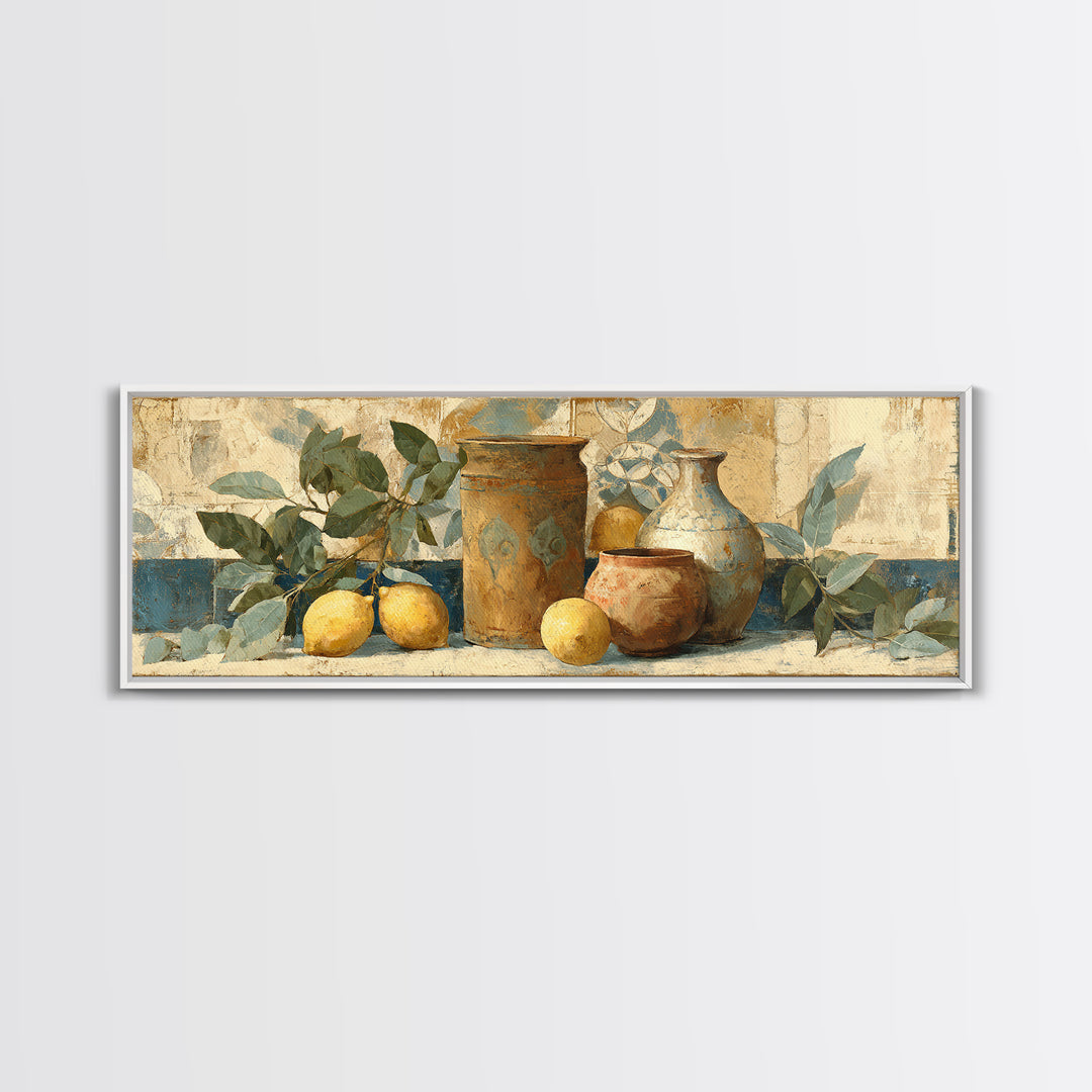 Aged Botanical Plate of Lemons and Leaves Canvas Print, French Country Art, Coastal Wall Art, Farmhouse Decor, Country, FCA-3x1-100