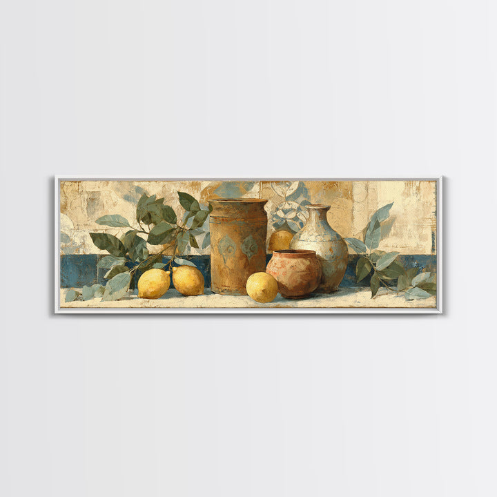 Aged Botanical Plate of Lemons and Leaves Canvas Print, French Country Art, Coastal Wall Art, Farmhouse Decor, Country, FCA-3x1-100