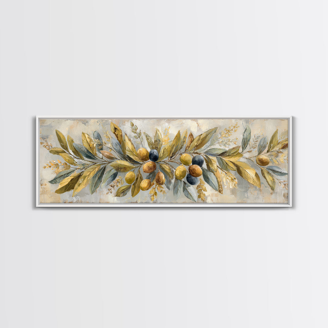 Olive Branch Wreath on Cream Ground Canvas Print, French Country Art, Landscape Painting, Farmhouse Decor, Watercolor Art, FCA-3x1-14