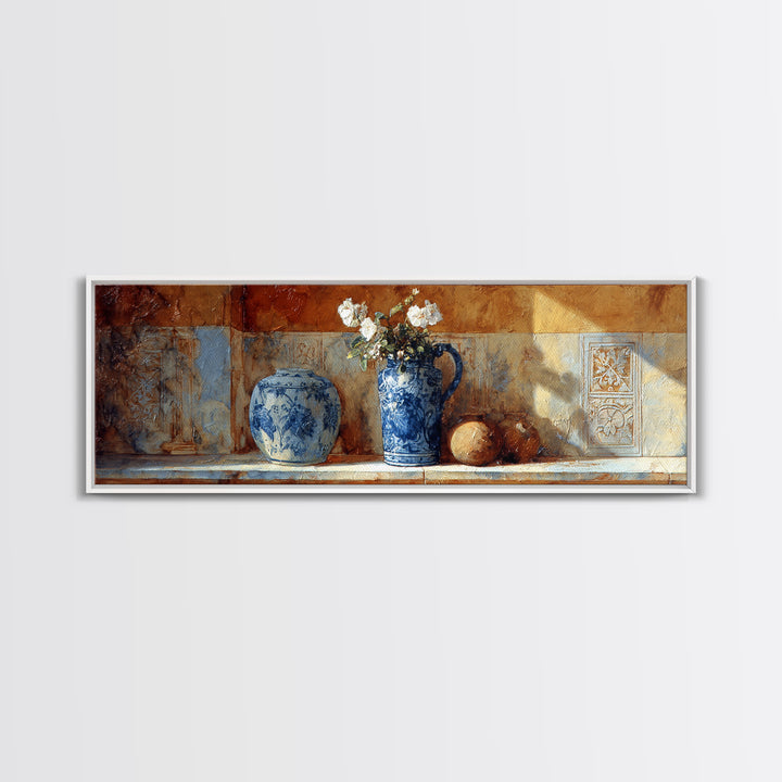Blue and White Ceramic Pitcher Canvas Print, French Country Art, Digital Download Art, Farmhouse Decor, Watercolor Art, Country, FCA-3x1-19