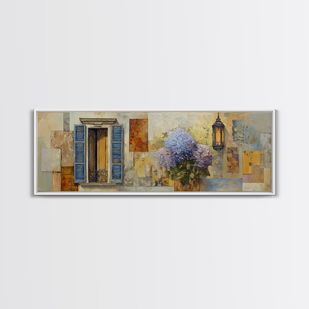 Soft Hydrangeas Beside Antique Shutters Canvas Print, French Country Art, Farmhouse Wall Art, Farmhouse Decor, Country, FCA-3x1-24