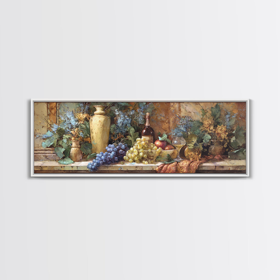 Grapes and Wine Still Life Canvas Print, French Country Art, Oil Painting, Farmhouse Decor, Abstract Art, Country, FCA-3x1-25