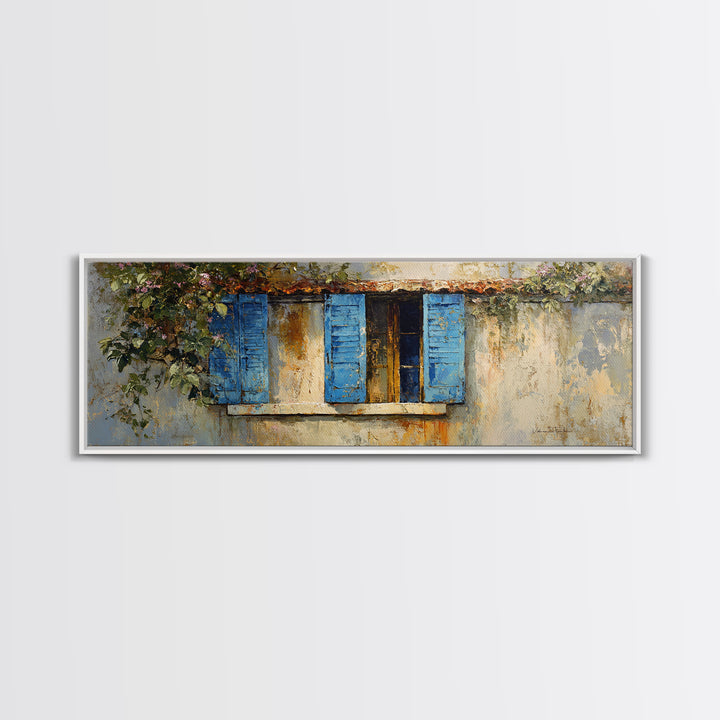 Weathered Window with Blue Shutters Framed Canvas Print, French Country Art, Digital Art, Farmhouse Decor, Watercolor Art, FCA-3x1-37