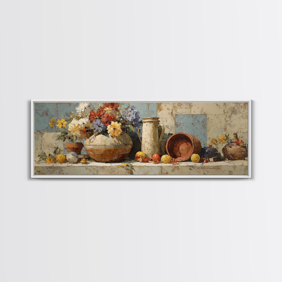 Antique Copper Pot and Flowers Still Life Canvas Print, French Country Art, Digital Download Art, Farmhouse Decor, Oil Painting, FCA-3x1-40