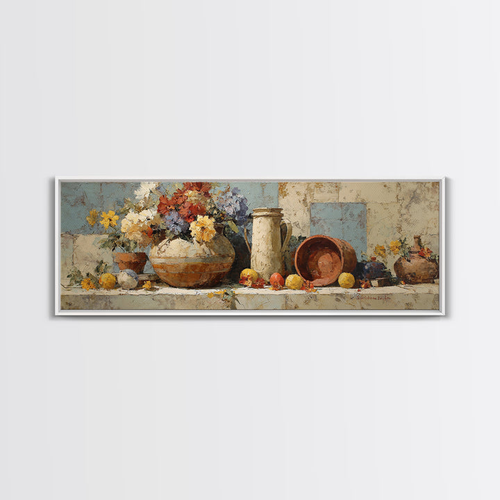 Antique Copper Pot and Flowers Still Life Canvas Print, French Country Art, Digital Download Art, Farmhouse Decor, Oil Painting, FCA-3x1-40