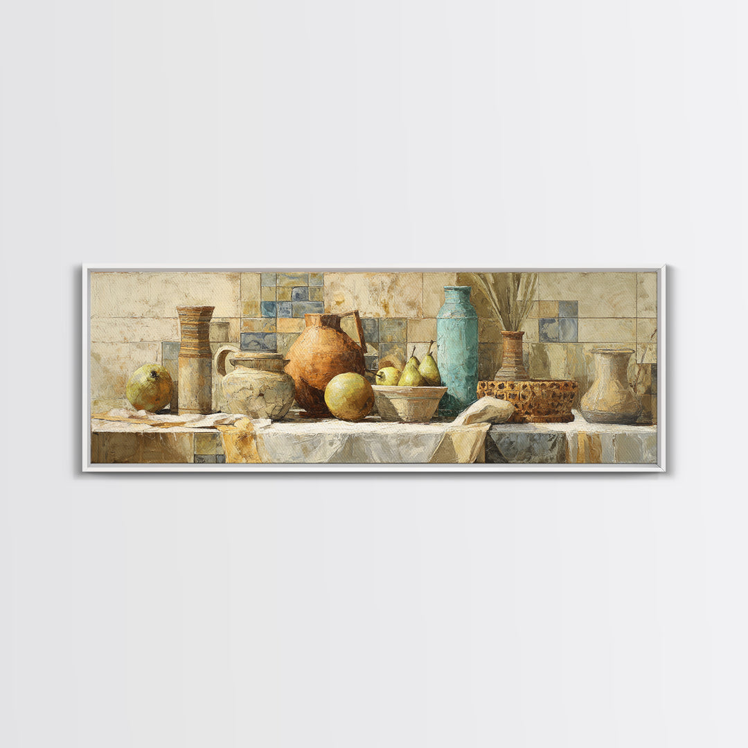 Pear Still Life on Linen Tablecloth Framed Canvas Print, French Country Art, Above Bed Art, Farmhouse Decor, Abstract Art, FCA-3x1-44