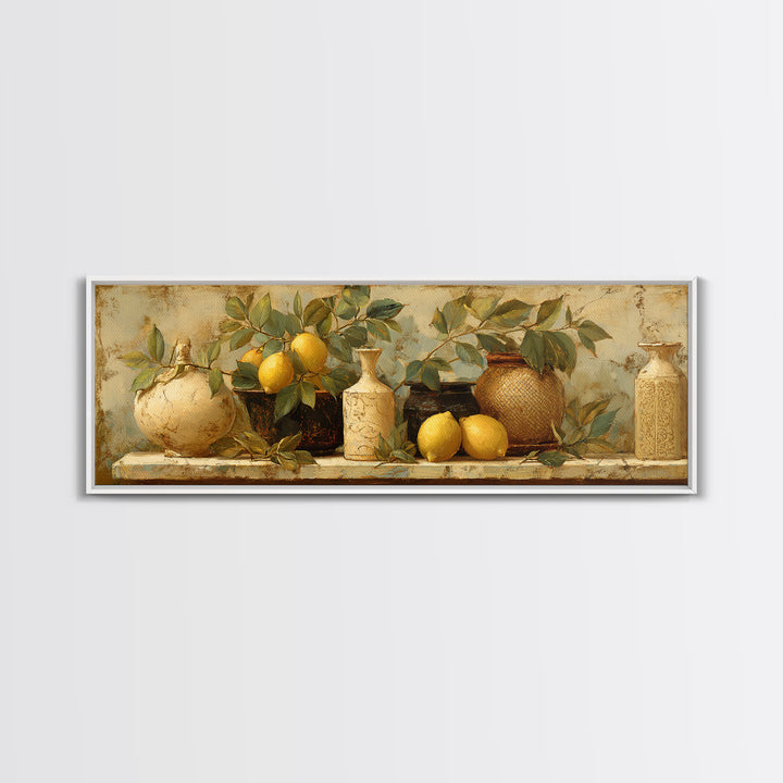 Aged Botanical Plate of Lemons and Leaves Framed Canvas Print, French Country Art, Boho Decor, Farmhouse Decor, Country, FCA-3x1-52