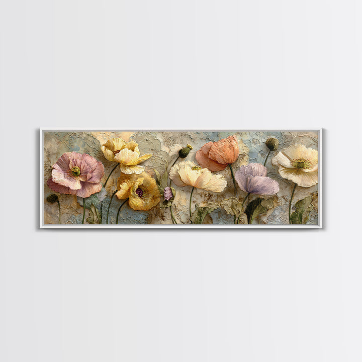 Poppies Beside a Stone Garden Wall Framed Canvas Print, French Country Art, Boho Decor, Farmhouse Decor, Oil Painting, Country, FCA-3x1-55