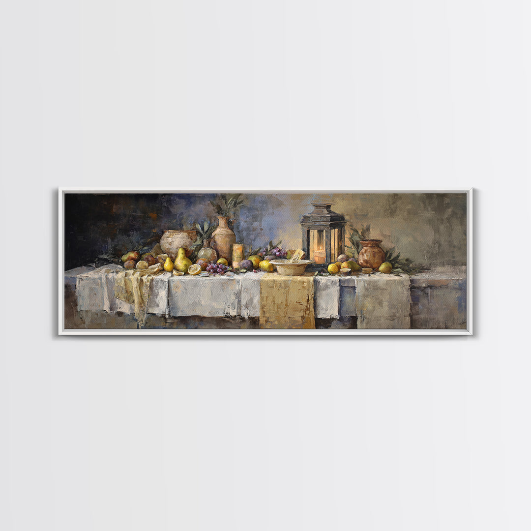 Pear Still Life on Linen Tablecloth Framed Canvas Print, French Country Art, Room Decor, Farmhouse Decor, Abstract Art, Country, FCA-3x1-68