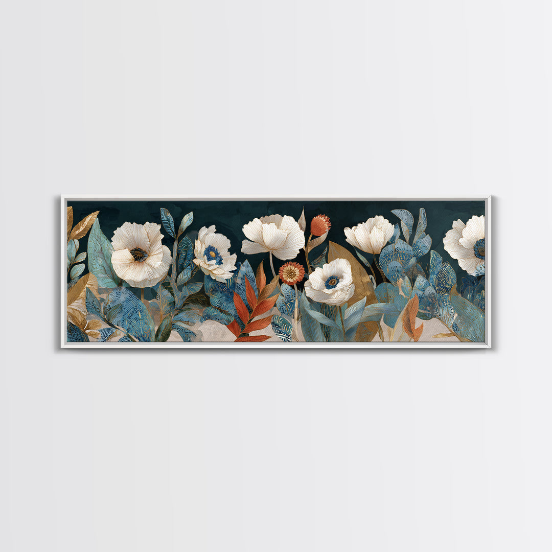 Poppies Beside a Stone Garden Wall Framed Canvas Print, French Country Art, Landscape Wall Art, Farmhouse Decor, Country, FCA-3x1-7