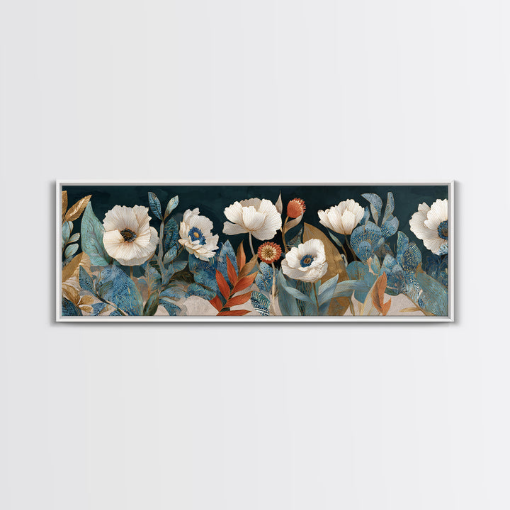 Poppies Beside a Stone Garden Wall Framed Canvas Print, French Country Art, Landscape Wall Art, Farmhouse Decor, Country, FCA-3x1-7