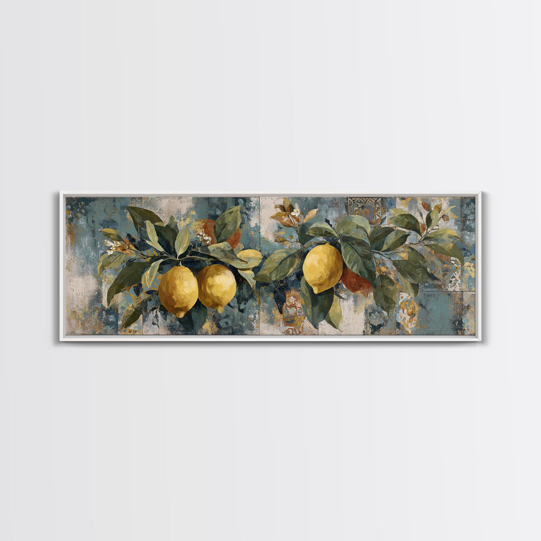 Aged Botanical Plate of Lemons and Leaves Canvas Print, French Country Art, Farmhouse Decor, Oil Painting, Country, FCA-3x1-76