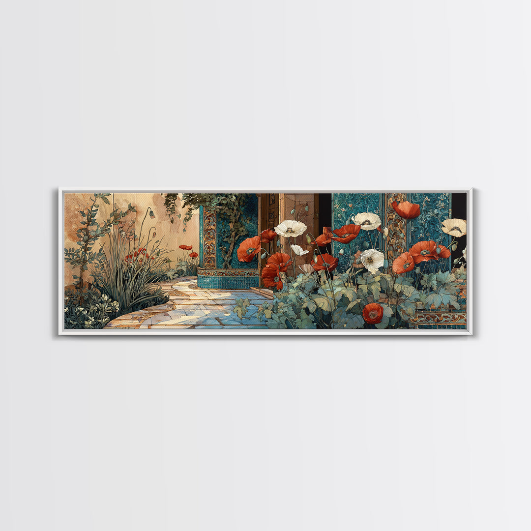 Poppies Beside a Stone Garden Wall Framed Canvas Print, French Country Art, Digital Art, Farmhouse Decor, Watercolor Art, FCA-3x1-79