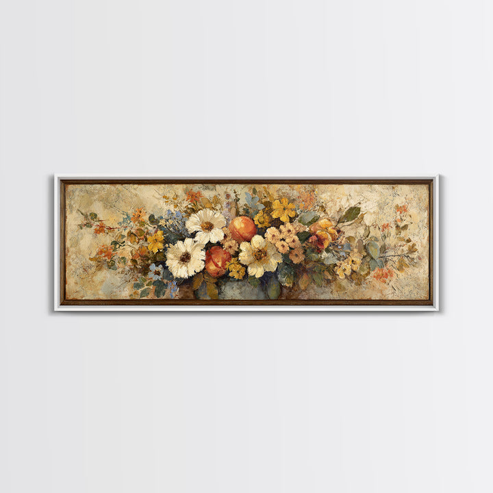 Basket of Fresh Peaches and Wildflowers Canvas Print, French Country Art, Contemporary Art, Farmhouse Decor, Country, FCA-3x1-84